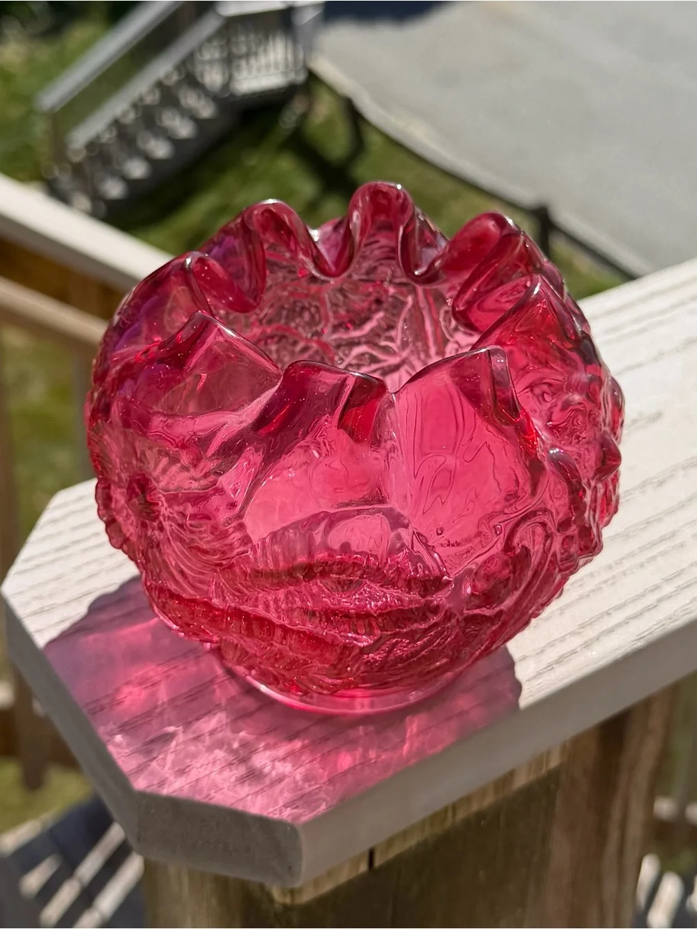 Fenton 1970s Cranberry Rose Poppy Embossed Flowers Crimped Top Rose Bowl Vase